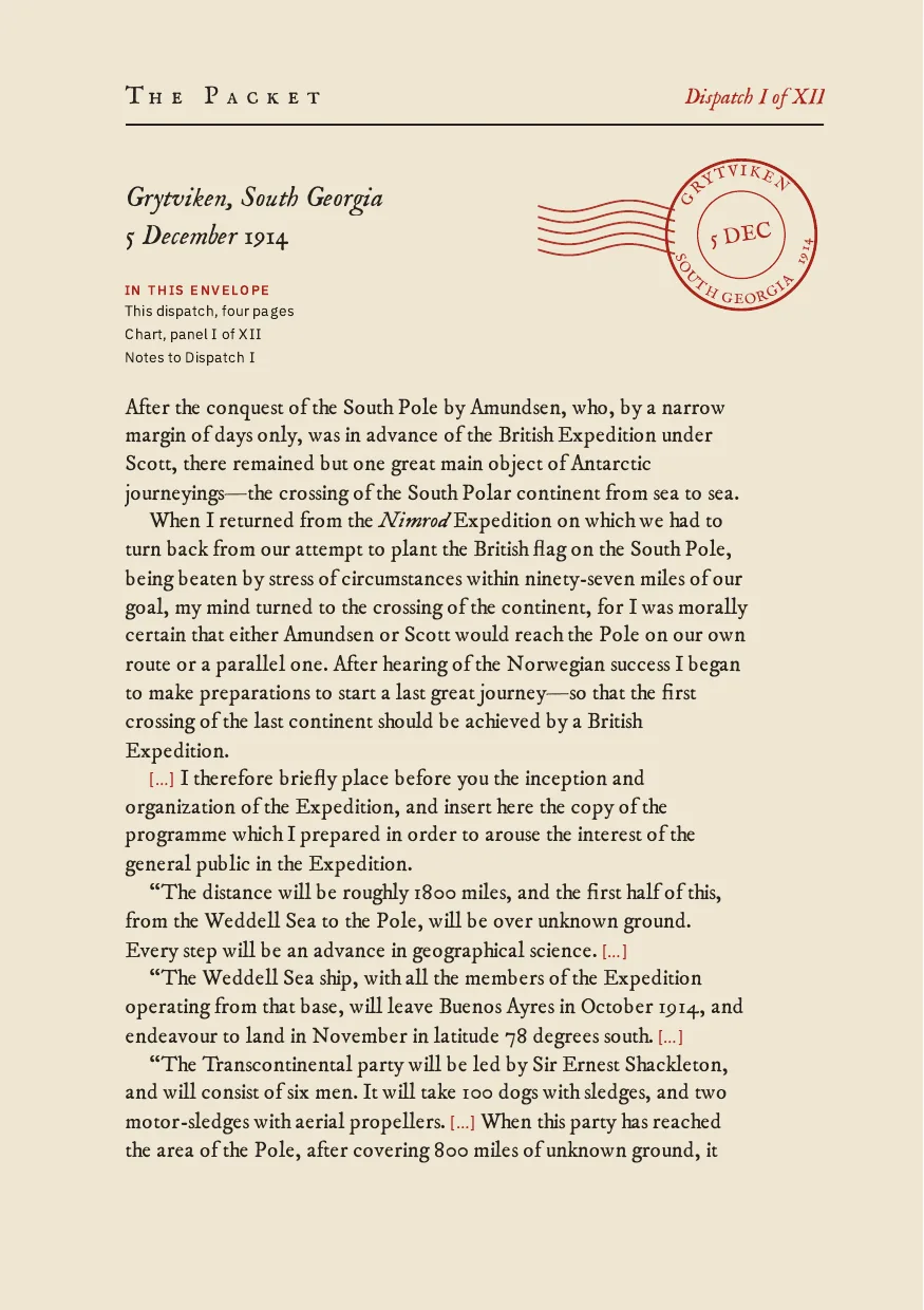 Page one of The Packet’s Dispatch I, headed Grytviken, South Georgia, 5 December 1914, set as a letter in Shackleton’s words.